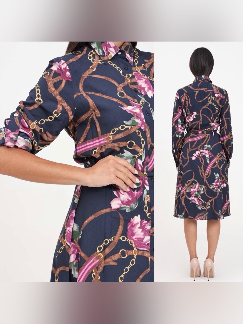 Lauren Ralph Lauren Karalynn Long Sleeve Day Dress Equestrian Chain Floral Print - Picture 3 of 9